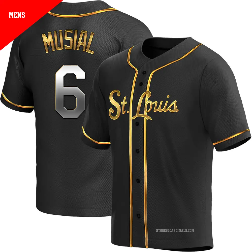 Men's ＃6 Stan Musial St. Louis Cardinals Gold Replica Black en Alternate Jersey