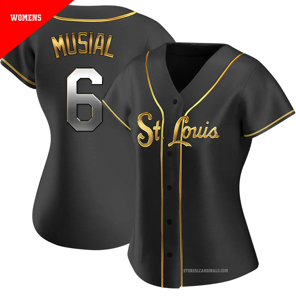 Women's ＃6 Stan Musial St. Louis Cardinals Gold Replica Black en Alternate Jersey