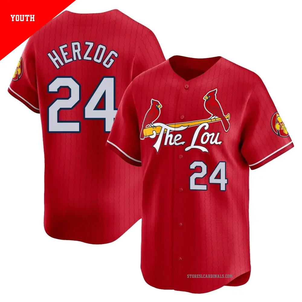 Youth ＃24 Whitey Herzog St. Louis Cardinals White Limited Red 2024 City Connect Jersey